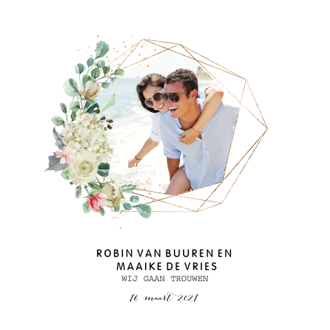 Stijlvolle trouwkaart met geometrisch design, foto en bloemen