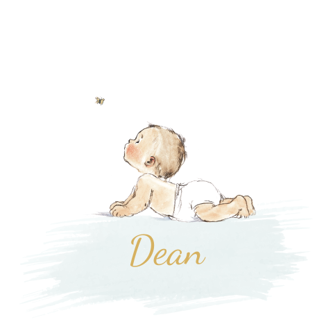 Getekend geboortekaartje met baby die naar vlinder kijkt