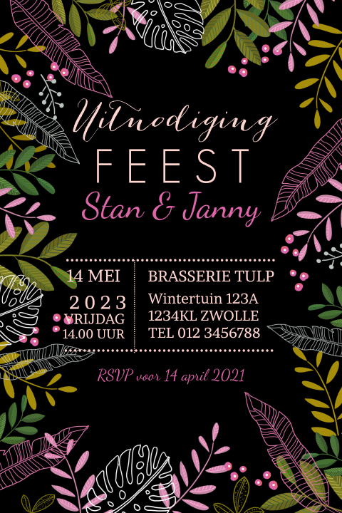 Botanische uitnodigingskaart zwart met takjes