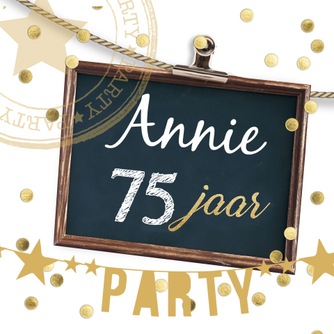 Feestelijke uitnodiging 75 jaar met stempel, schoolbord en slinger