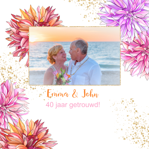 Stijlvolle uitnodiging 40 jaar getrouwd met oranje en paarse dahlia's