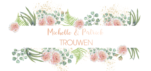 Panorama trouwkaart met botanische rozen en tekst in roségoudfolie