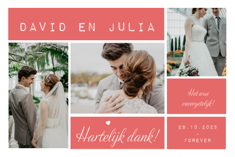 Fotocollage als bedankkaart met rode vlakken