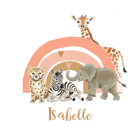 Trendy geboortekaart met regenboog en jungle dieren - meisje