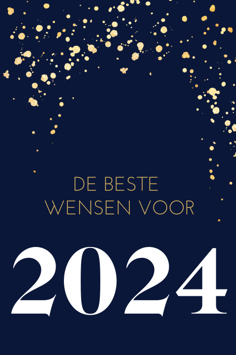Nieuwjaarskaart met gouden spetters op donkerblauw