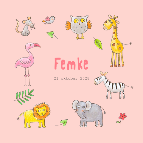 Geboortekaartje voor meisje met getekende dieren en planten