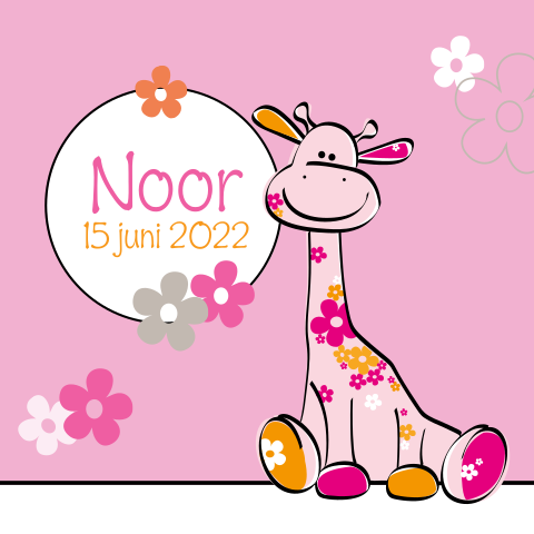 Vrolijke geboortekaart met giraffe en bloemen