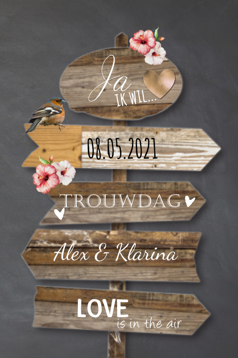 Vintage trouwkaart met houten wegwijzer