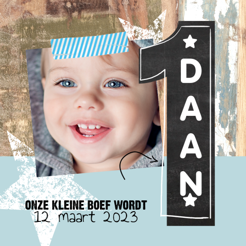 Stoere uitnodiging met hout en foto