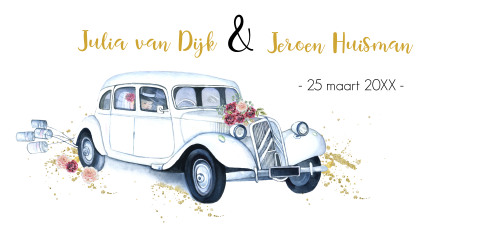 Trouwkaart met oldtimer en bloemen