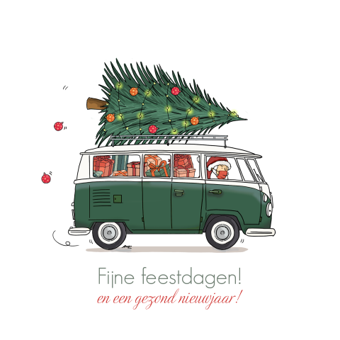 Getekende kerstkaart met kerstboom en mondkapje kerstman