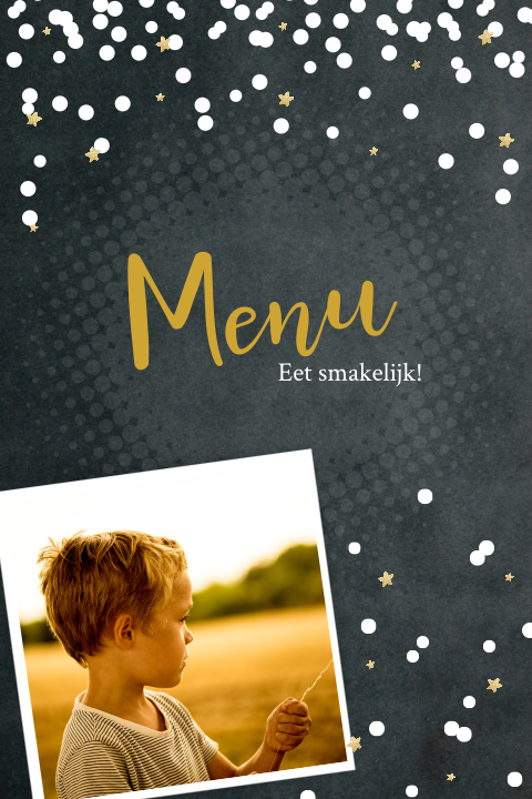 Menukaart voor communie met stoere achtergrond en sterretjes