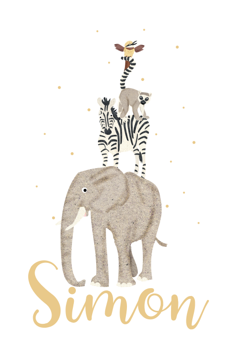 Dieren geboortekaartje met stapel van olifant, zebra, maki en vogel