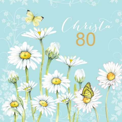Mooie verjaardagskaart 80 jaar met magrietjes en vlinders