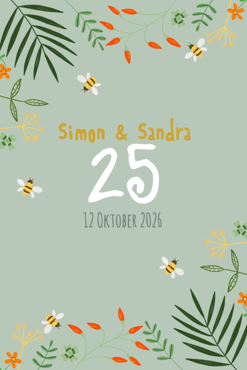 Botanische jubileumkaart met takjes en bijen - 25 jaar