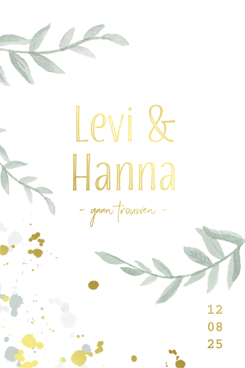 Trendy trouwkaart met watercolor takjes en goudfolie