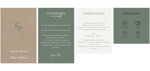 Trouwkaart pocketfold in kraftlook en donkergroen