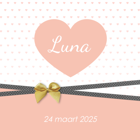 Lief geboortekaartje meisje met hartjes en bij te bestellen strikje