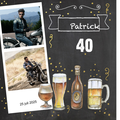 Uitnodiging 40e verjaardag man met fotostrip en bier op krijtbord