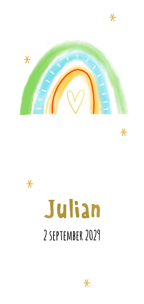 Goudfolie geboortekaartje voor een jongen met regenboog