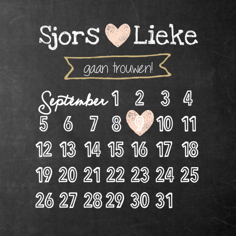 Trouwkaart met datum planner en krijtbord