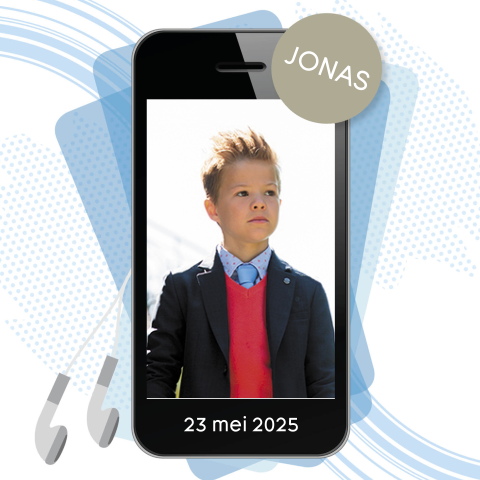 Stoer communiekaartje met foto en mobiele telefoon
