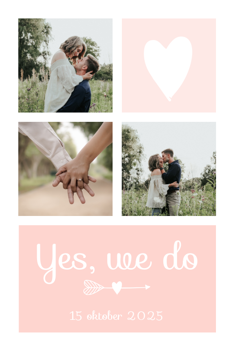 Romantische trouwkaart met hartjes en foto's