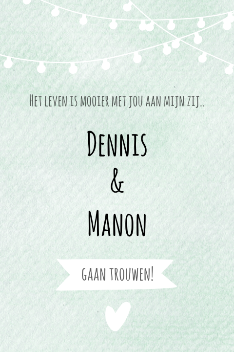 Trendy trouwkaart in mintgroen met lampjesslinger