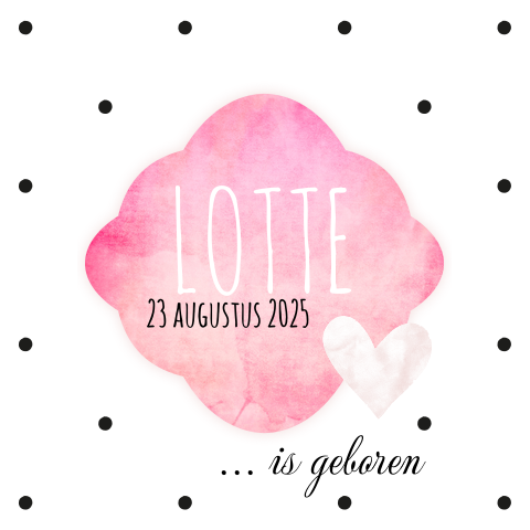 Hip geboortekaartje met roze waterverf en stippen