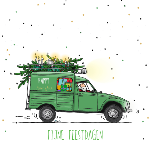 Originele kerstkaart met kerstboom op bestelwagen