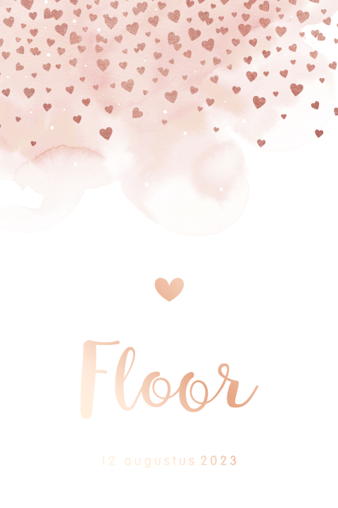 Roségoudfolie l lief geboortekaartje meisje met hartjes en watercolour