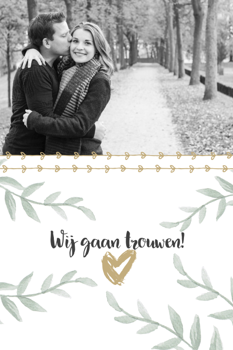 Stijlvolle trouwkaart met takjes en foto