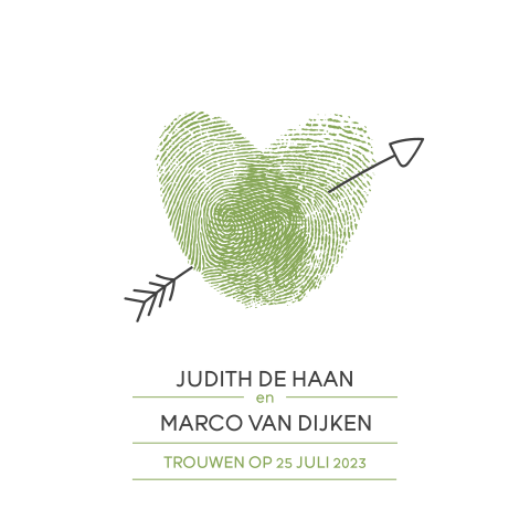 Hippe trouwkaart met een hartje van vingerafdrukken in groen en foto