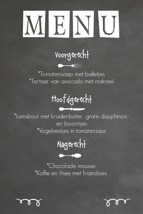 Stoere menukaart met krijtbord en bestek