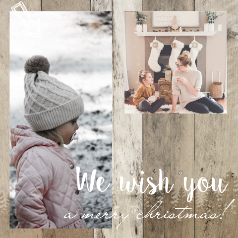 Stoere kerstkaart met houtachtergrond en foto