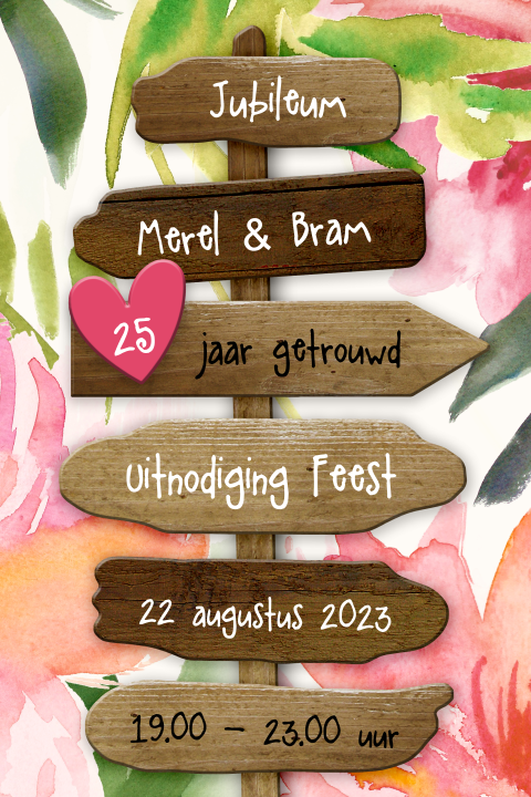 Jubileumkaart 25 jaar huwelijk met wegwijzer en roze bloemen
