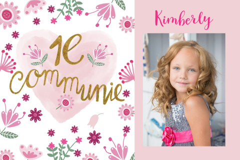 Communiekaart met hartje, bloemen en foto