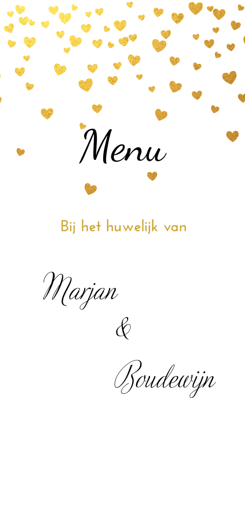 Menukaart met goudkleurige hartjes