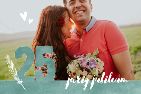 Hippe jubileumkaart 25 jaar met hartjes en veertje
