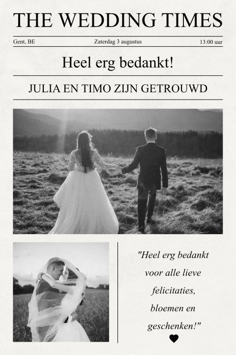 Originele bedankkaart in de stijl van een krant met 2 foto's