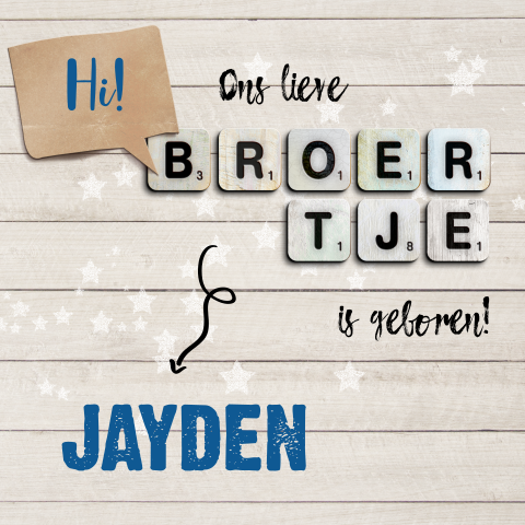 Stoer geboortekaartje voor broertje met hout en sterren