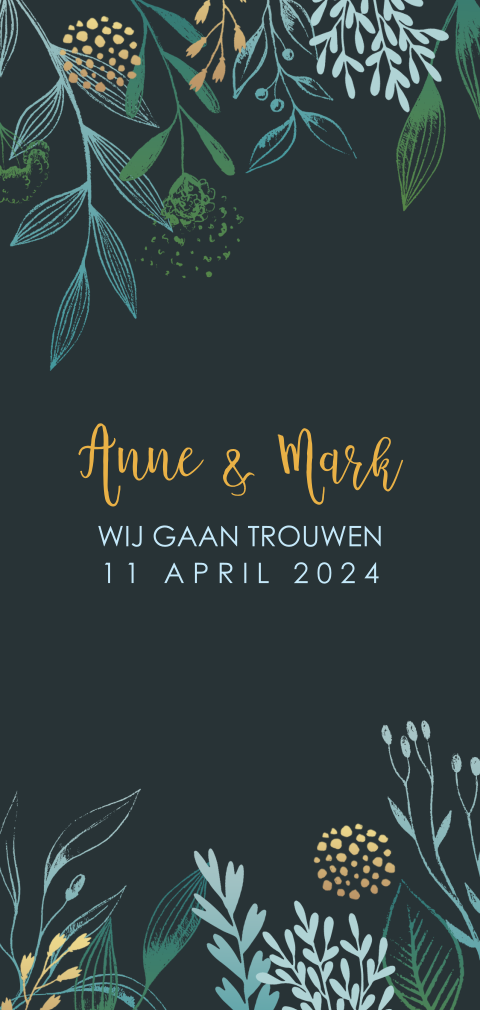 Trendy langwerpige trouwkaart met takjes op donkere achtergrond