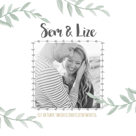 Hippe trouwkaart met takjes en foto