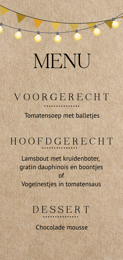 Stoere menukaart met slingers op kraftlook achtergrond