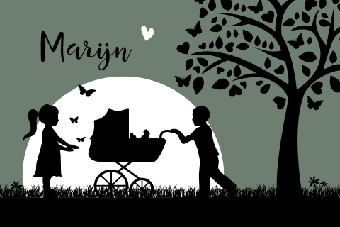 Romantisch silhouet geboortekaartje jongen met kinderwagen
