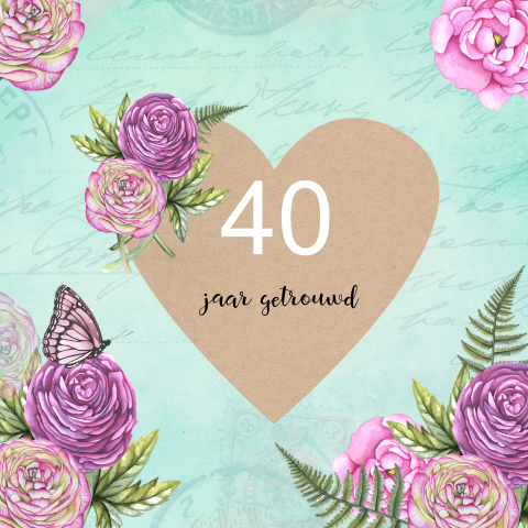 Elegante jublileumskaart met hart en ranonkelbloemen