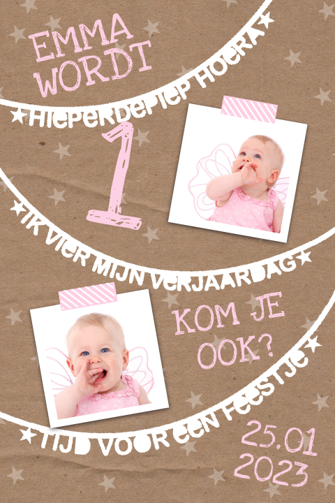 Vrolijke uitnodiging eerste verjaardag met letterslinger