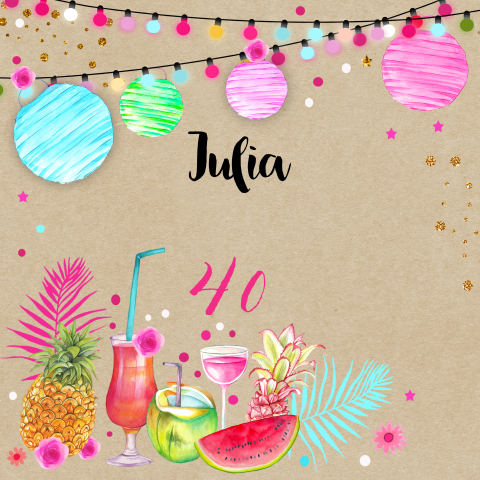 Tropische uitnodiging 40e verjaardag vrouw met lampionnen en drankjes
