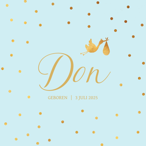 Geboortekaartje met goudkleurige ooievaar en confetti