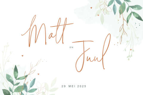 Trouwkaart in watercolor met bladeren en takjes